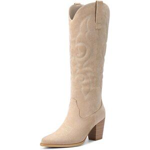 Women's Beige Suede Western Knee High Side Zipper Pointed Toe Block Heel Boots